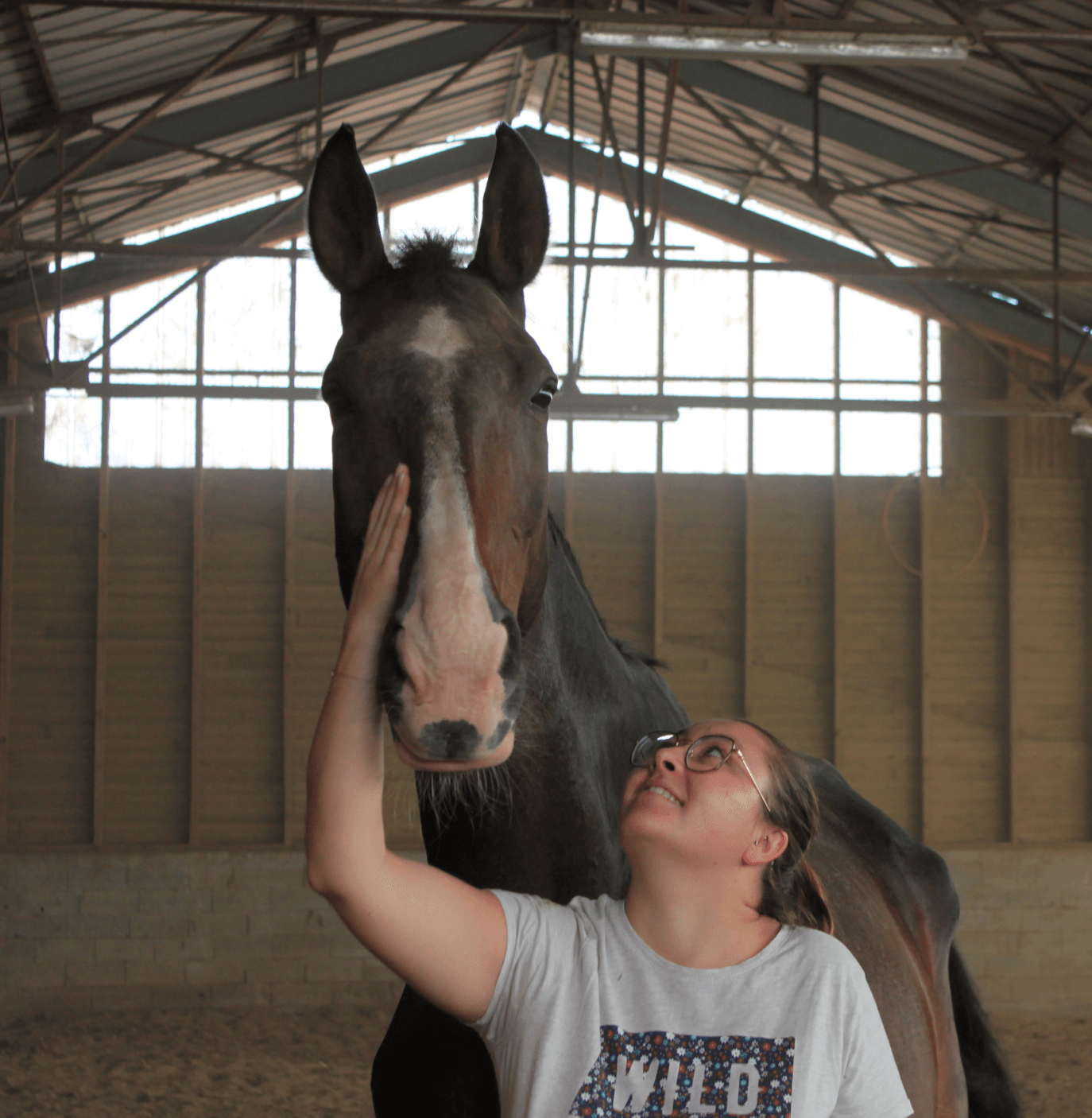 a woman petting a horse in a stable
