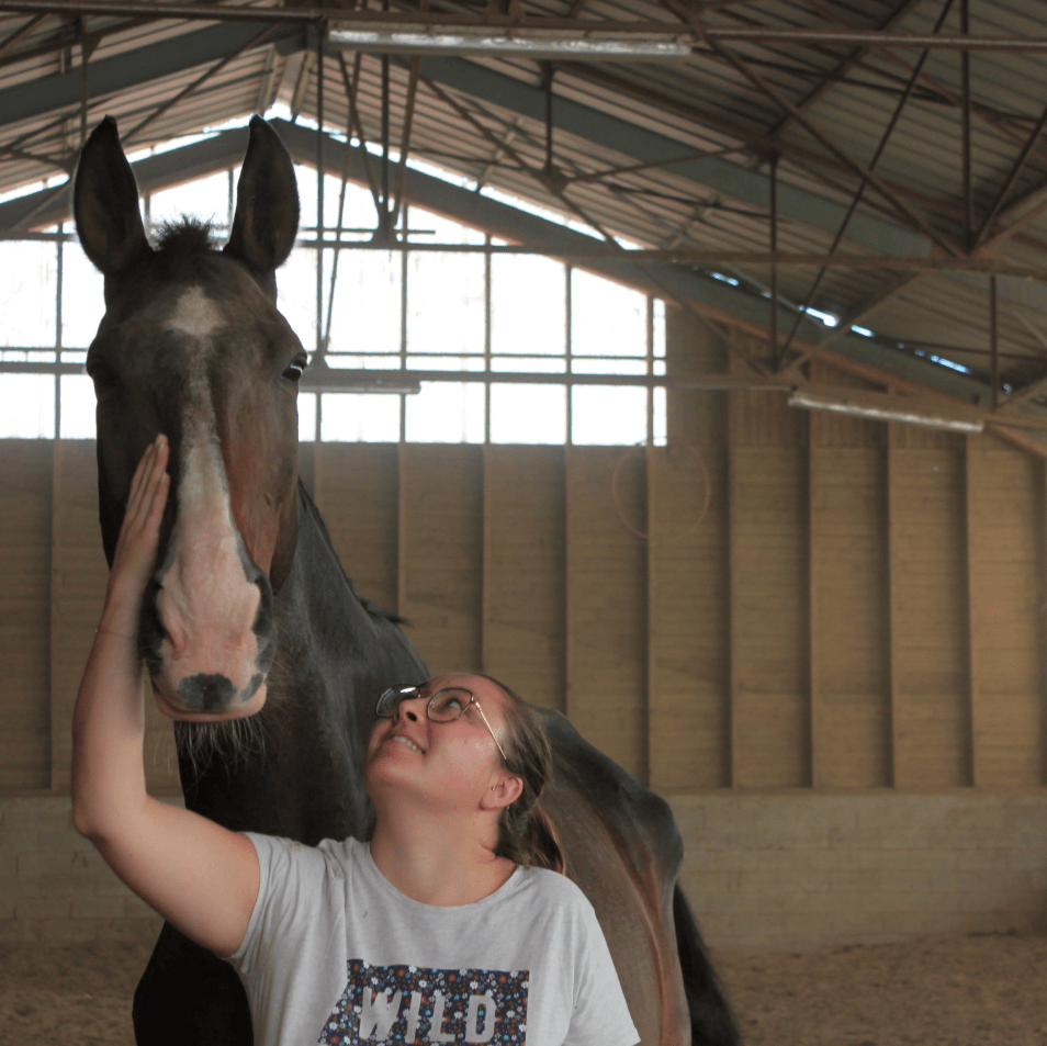 a woman petting a horse in a stable